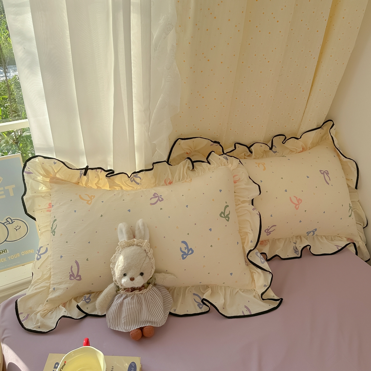 91家纺网 家纺一手货源 找家纺 韩巢家纺 2025新款水洗棉大花边被套四件套直播热销款学生宿舍被罩床单三件套（提供卖家秀） 星梦蝶结【大花边款】