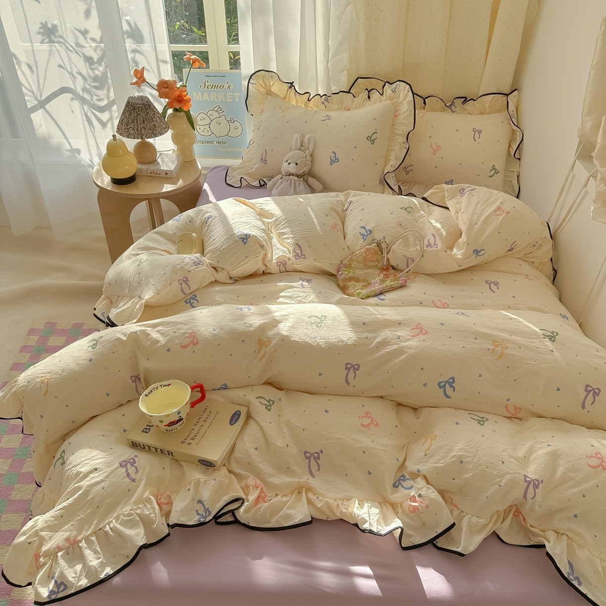 91家纺网 家纺一手货源 找家纺 韩巢家纺 2025新款水洗棉大花边被套四件套直播热销款学生宿舍被罩床单三件套（提供卖家秀） 星梦蝶结【大花边款】