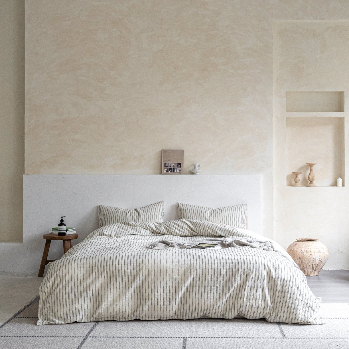 （总）小春日和 2025新款纯棉水洗棉麻四件套穿绳特殊工艺被套高端民宿个性三件套纯色床单全棉床笠加大被套