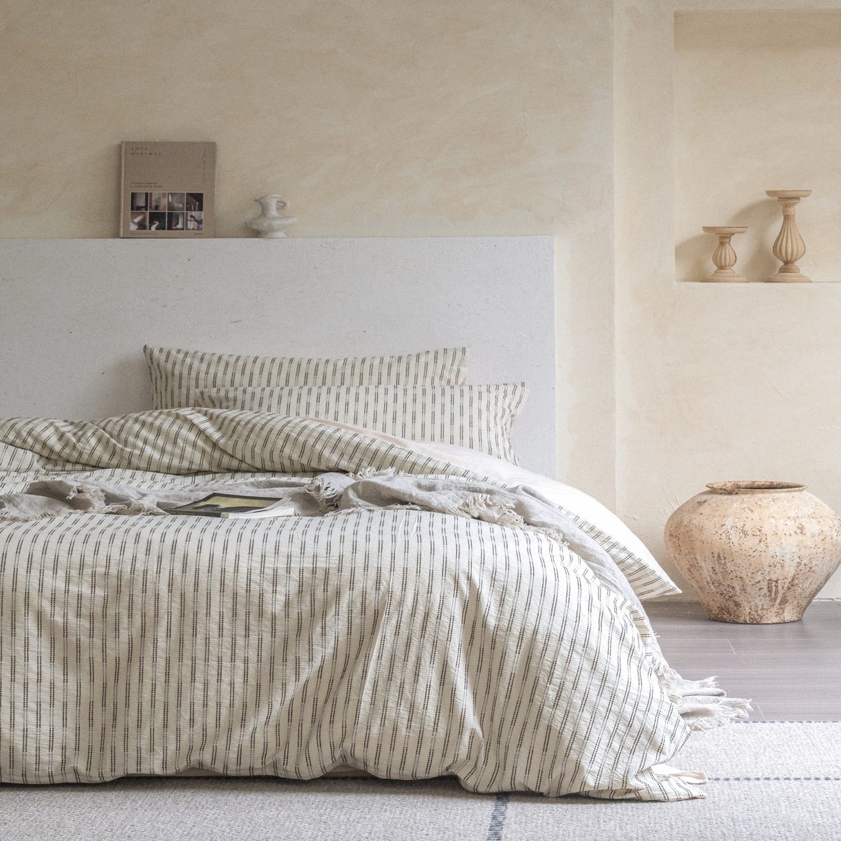 91家纺网 家纺一手货源 找家纺 （总）小春日和 2025新款纯棉水洗棉麻四件套穿绳特殊工艺被套高端民宿个性三件套纯色床单全棉床笠加大被套