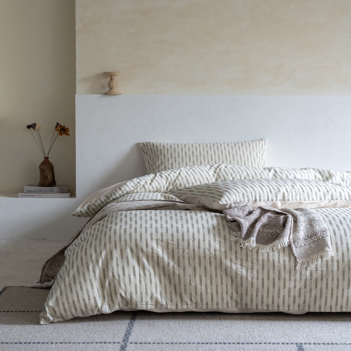 91家纺网 家纺一手货源 找家纺 （总）小春日和 2025新款纯棉水洗棉麻四件套穿绳特殊工艺被套高端民宿个性三件套纯色床单全棉床笠加大被套