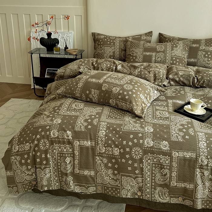 91家纺网 家纺一手货源 找家纺 仟网汇  2025新款亚麻纽扣款四件套 印象庄园