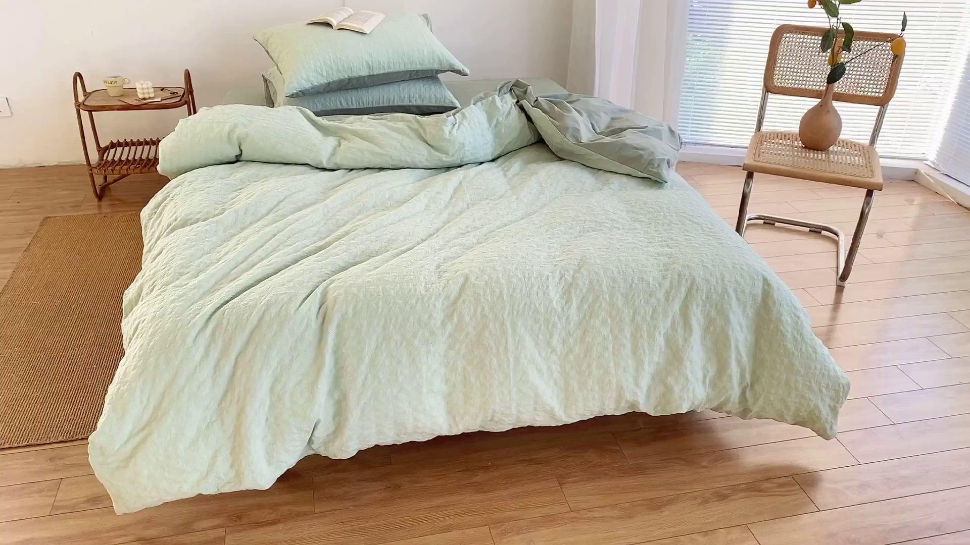 91家纺网 家纺一手货源 找家纺 贝尔 PELLHOME 全棉ins简约泡泡纱四件套-无印风（春节不打烊)（可抖音代发） 水绿