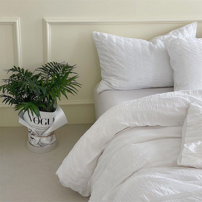 91家纺网 家纺一手货源 找家纺 贝尔 PELLHOME 全棉ins简约泡泡纱四件套-无印风（春节不打烊)（可抖音代发） 雪白