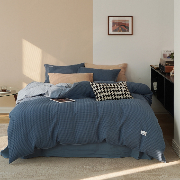 91家纺网 家纺一手货源 找家纺 贝尔 PELLHOME 小红书民宿全棉空气提花华夫格四件套纯棉水洗棉小众（可抖音代发） 蔚蓝青普