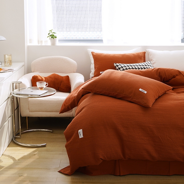 91家纺网 家纺一手货源 找家纺 贝尔 PELLHOME 小红书民宿全棉空气提花华夫格四件套纯棉水洗棉小众（可抖音代发） 焦糖探戈