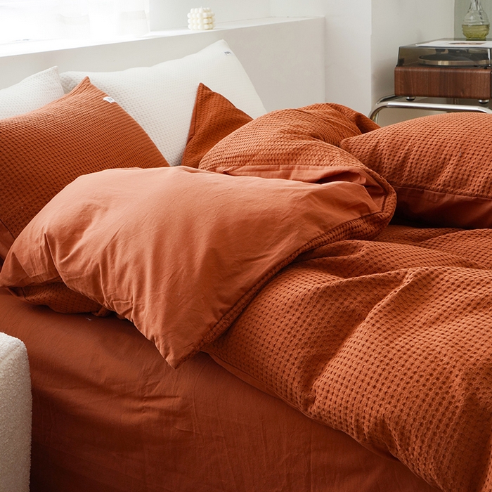 91家纺网 家纺一手货源 找家纺 贝尔 PELLHOME 小红书民宿全棉空气提花华夫格四件套纯棉水洗棉小众（可抖音代发） 焦糖探戈