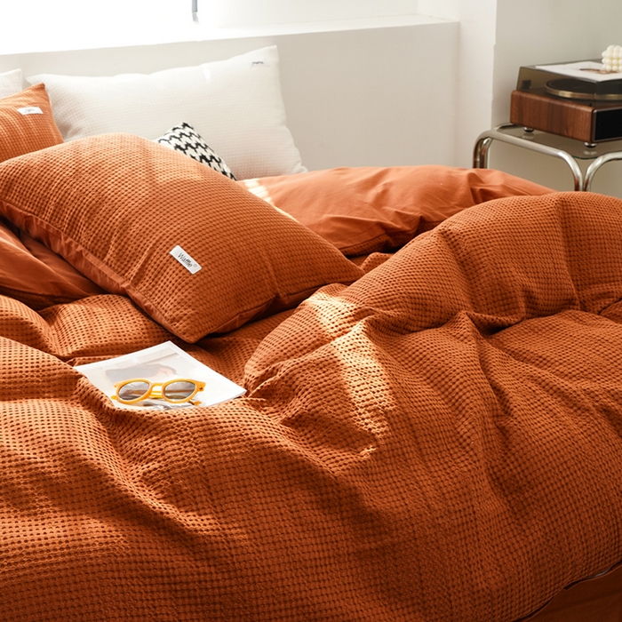 91家纺网 家纺一手货源 找家纺 贝尔 PELLHOME 小红书民宿全棉空气提花华夫格四件套纯棉水洗棉小众（可抖音代发） 焦糖探戈