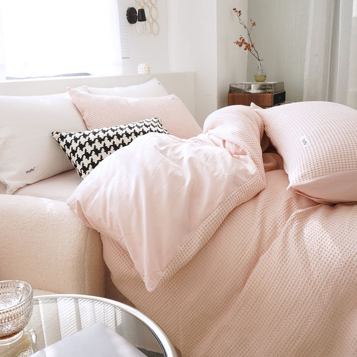 91家纺网 家纺一手货源 找家纺 贝尔 PELLHOME 小红书民宿全棉空气提花华夫格四件套纯棉水洗棉小众（可抖音代发） 玫瑰石英