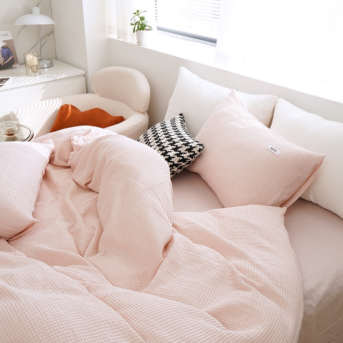 91家纺网 家纺一手货源 找家纺 贝尔 PELLHOME 小红书民宿全棉空气提花华夫格四件套纯棉水洗棉小众（可抖音代发） 玫瑰石英