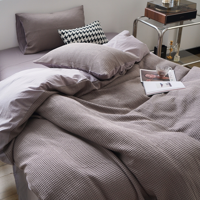 91家纺网 家纺一手货源 找家纺 贝尔 PELLHOME 小红书民宿全棉空气提花华夫格四件套纯棉水洗棉小众（可抖音代发） 松叶月灰