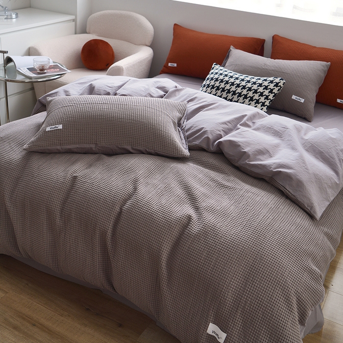 91家纺网 家纺一手货源 找家纺 贝尔 PELLHOME 小红书民宿全棉空气提花华夫格四件套纯棉水洗棉小众（可抖音代发） 松叶月灰