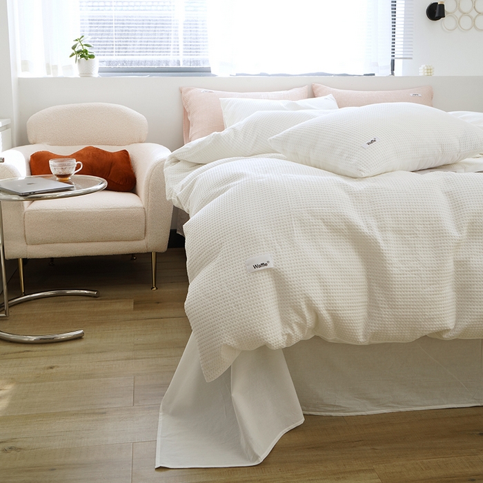 91家纺网 家纺一手货源 找家纺 贝尔 PELLHOME 小红书民宿全棉空气提花华夫格四件套纯棉水洗棉小众（可抖音代发） 星星椰白