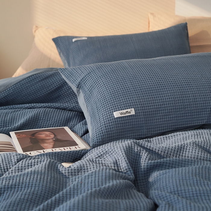 91家纺网 家纺一手货源 找家纺 贝尔 PELLHOME 小红书民宿全棉空气提花华夫格四件套纯棉水洗棉小众（可抖音代发） 蔚蓝青普