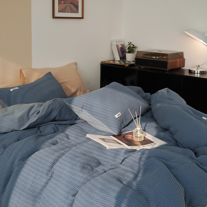 91家纺网 家纺一手货源 找家纺 贝尔 PELLHOME 小红书民宿全棉空气提花华夫格四件套纯棉水洗棉小众（可抖音代发） 蔚蓝青普