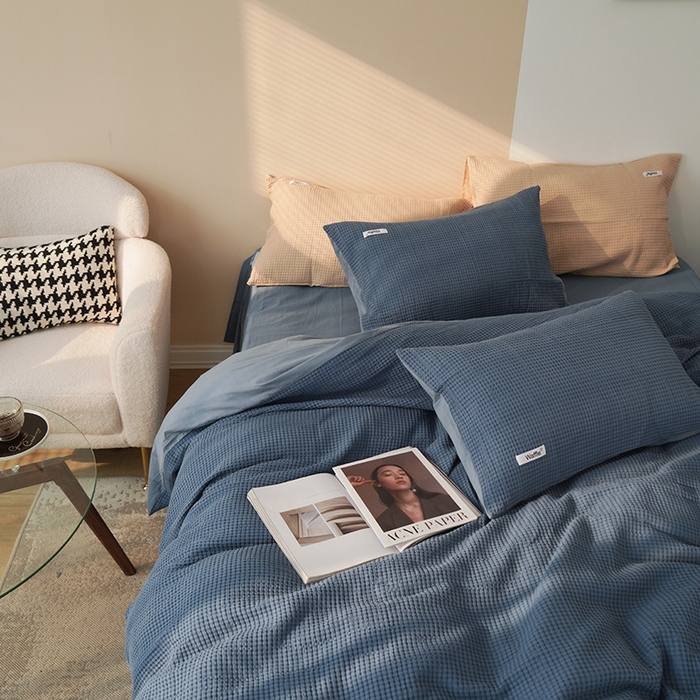 91家纺网 家纺一手货源 找家纺 贝尔 PELLHOME 小红书民宿全棉空气提花华夫格四件套纯棉水洗棉小众（可抖音代发） 蔚蓝青普