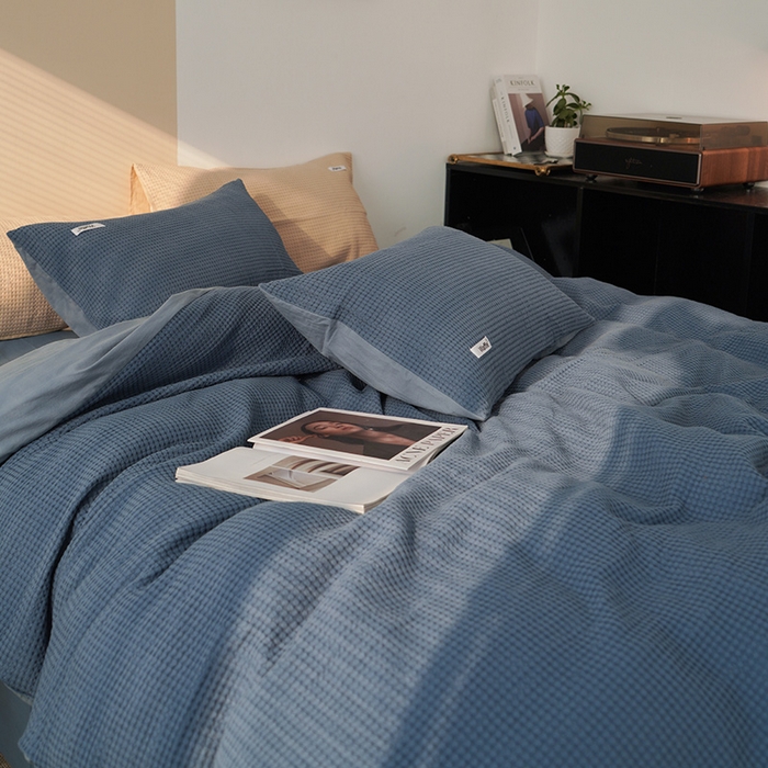 91家纺网 家纺一手货源 找家纺 贝尔 PELLHOME 小红书民宿全棉空气提花华夫格四件套纯棉水洗棉小众（可抖音代发） 蔚蓝青普