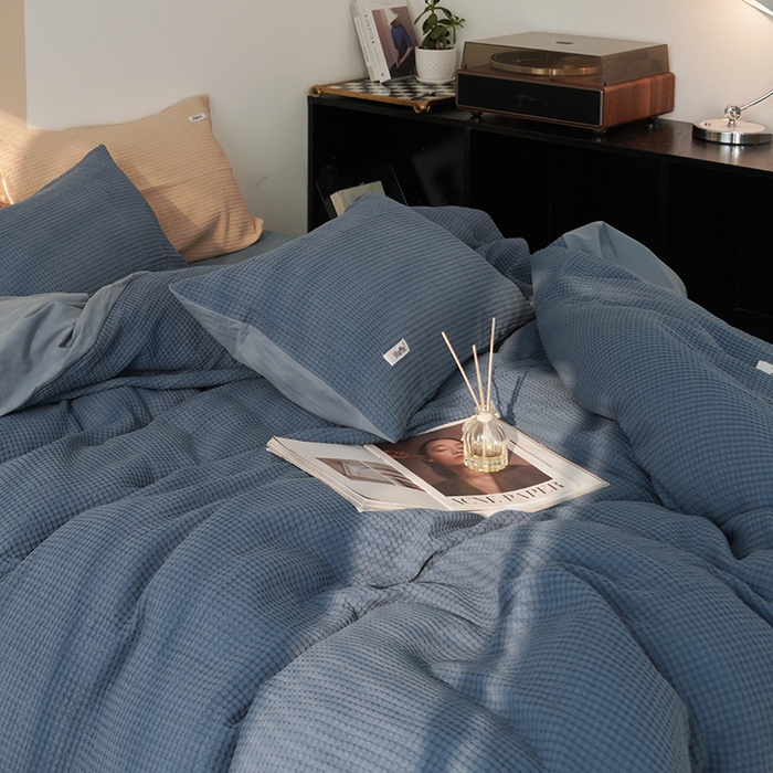 91家纺网 家纺一手货源 找家纺 贝尔 PELLHOME 小红书民宿全棉空气提花华夫格四件套纯棉水洗棉小众（可抖音代发） 蔚蓝青普