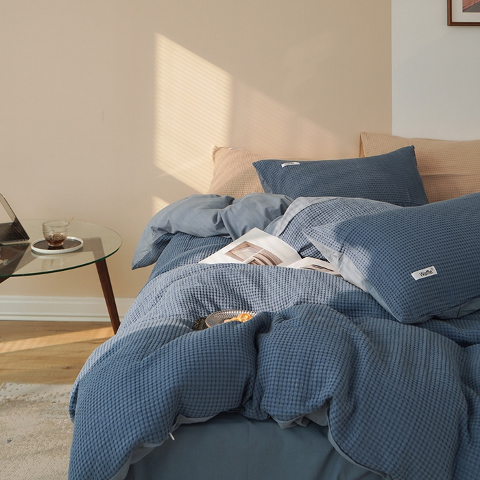 91家纺网 家纺一手货源 找家纺 贝尔 PELLHOME 小红书民宿全棉空气提花华夫格四件套纯棉水洗棉小众（可抖音代发） 蔚蓝青普