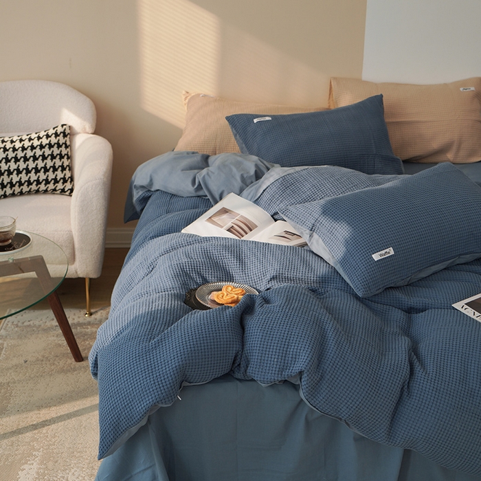 91家纺网 家纺一手货源 找家纺 贝尔 PELLHOME 小红书民宿全棉空气提花华夫格四件套纯棉水洗棉小众（可抖音代发） 蔚蓝青普