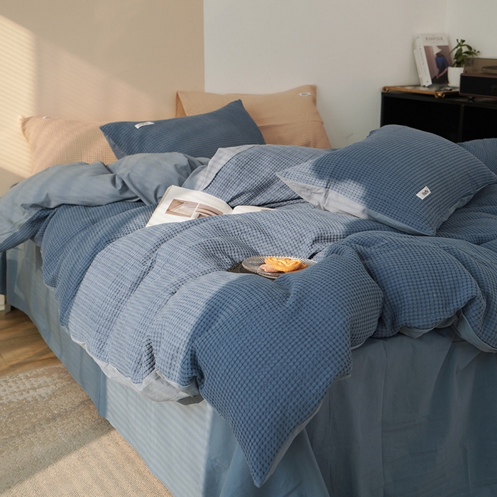 91家纺网 家纺一手货源 找家纺 贝尔 PELLHOME 小红书民宿全棉空气提花华夫格四件套纯棉水洗棉小众（可抖音代发） 蔚蓝青普