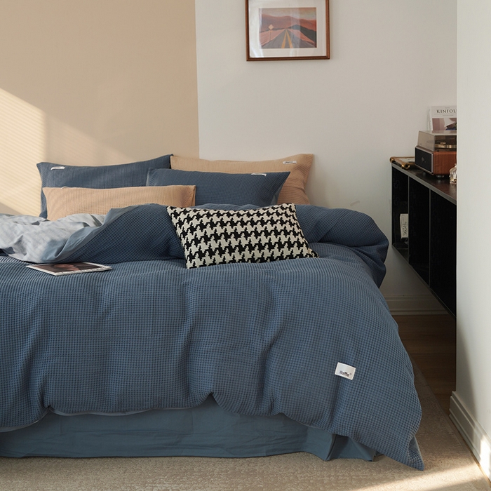 91家纺网 家纺一手货源 找家纺 贝尔 PELLHOME 小红书民宿全棉空气提花华夫格四件套纯棉水洗棉小众（可抖音代发） 蔚蓝青普