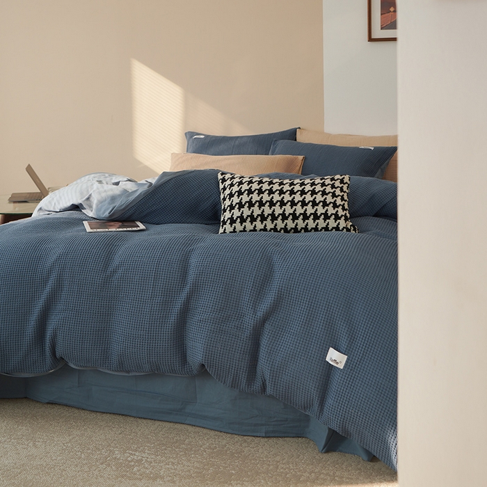 91家纺网 家纺一手货源 找家纺 贝尔 PELLHOME 小红书民宿全棉空气提花华夫格四件套纯棉水洗棉小众（可抖音代发） 蔚蓝青普