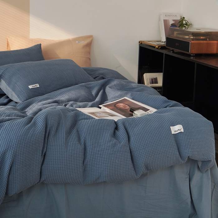 91家纺网 家纺一手货源 找家纺 贝尔 PELLHOME 小红书民宿全棉空气提花华夫格四件套纯棉水洗棉小众（可抖音代发） 蔚蓝青普