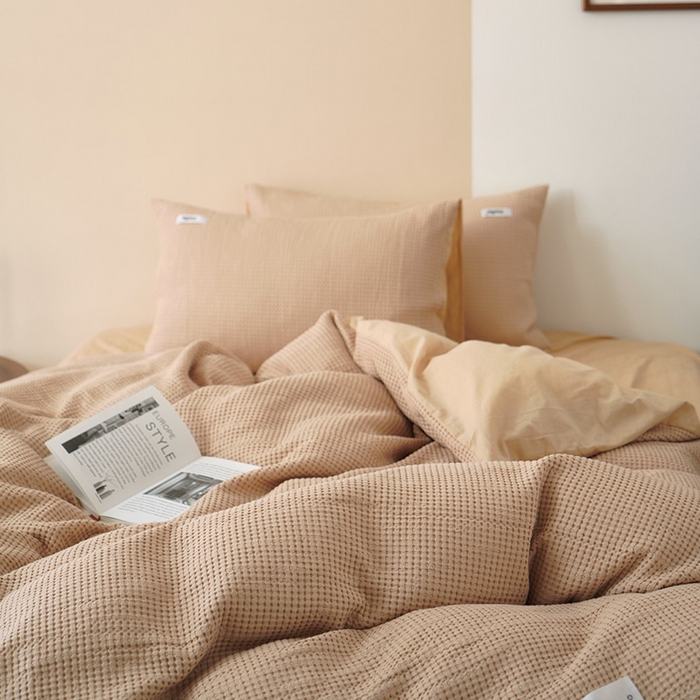 91家纺网 家纺一手货源 找家纺 贝尔 PELLHOME 小红书民宿全棉空气提花华夫格四件套纯棉水洗棉小众（可抖音代发） 杏仁班克