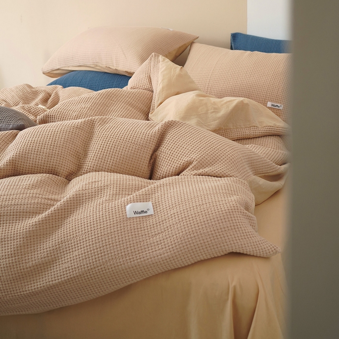 91家纺网 家纺一手货源 找家纺 贝尔 PELLHOME 小红书民宿全棉空气提花华夫格四件套纯棉水洗棉小众（可抖音代发） 杏仁班克