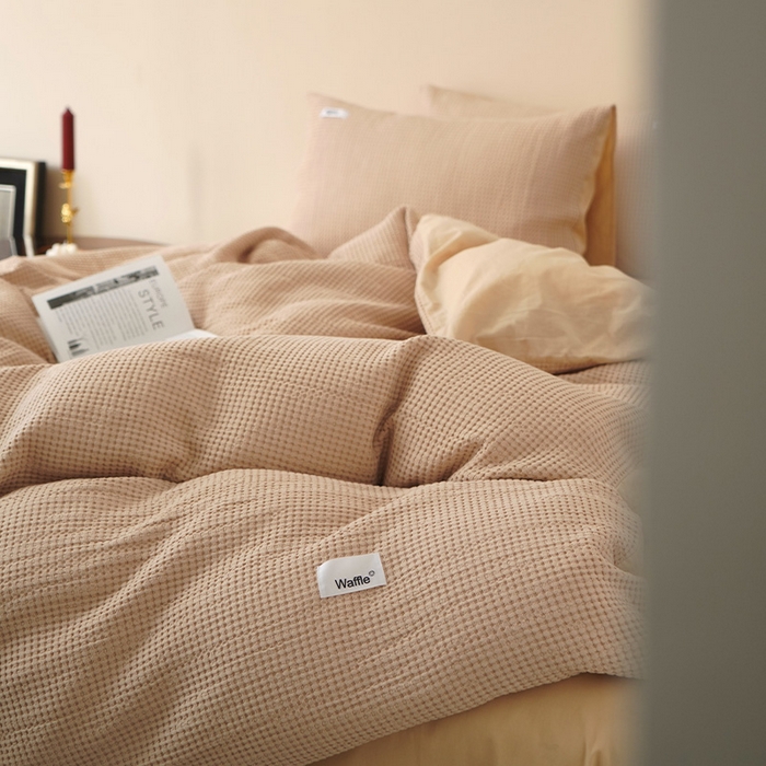 91家纺网 家纺一手货源 找家纺 贝尔 PELLHOME 小红书民宿全棉空气提花华夫格四件套纯棉水洗棉小众（可抖音代发） 杏仁班克