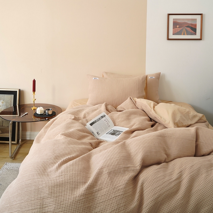 91家纺网 家纺一手货源 找家纺 贝尔 PELLHOME 小红书民宿全棉空气提花华夫格四件套纯棉水洗棉小众（可抖音代发） 杏仁班克