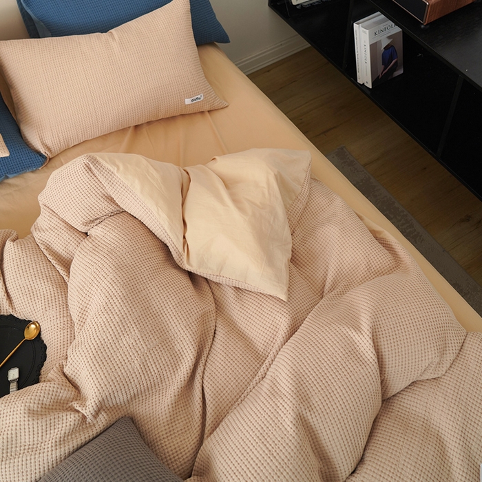 91家纺网 家纺一手货源 找家纺 贝尔 PELLHOME 小红书民宿全棉空气提花华夫格四件套纯棉水洗棉小众（可抖音代发） 杏仁班克