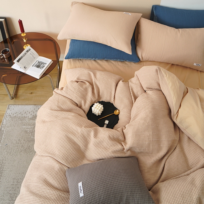 91家纺网 家纺一手货源 找家纺 贝尔 PELLHOME 小红书民宿全棉空气提花华夫格四件套纯棉水洗棉小众（可抖音代发） 杏仁班克