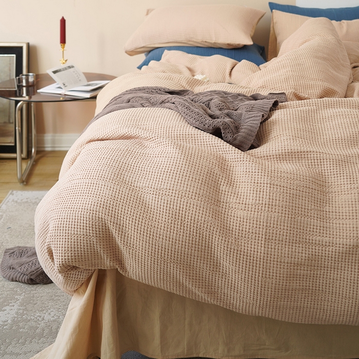 91家纺网 家纺一手货源 找家纺 贝尔 PELLHOME 小红书民宿全棉空气提花华夫格四件套纯棉水洗棉小众（可抖音代发） 杏仁班克