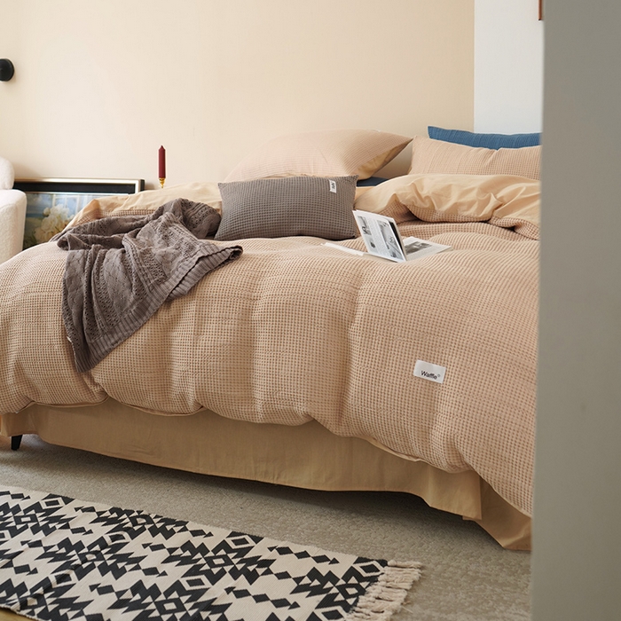 91家纺网 家纺一手货源 找家纺 贝尔 PELLHOME 小红书民宿全棉空气提花华夫格四件套纯棉水洗棉小众（可抖音代发） 杏仁班克