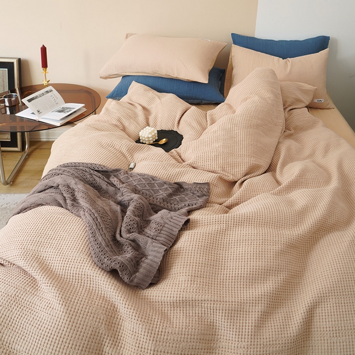 91家纺网 家纺一手货源 找家纺 贝尔 PELLHOME 小红书民宿全棉空气提花华夫格四件套纯棉水洗棉小众（可抖音代发） 杏仁班克