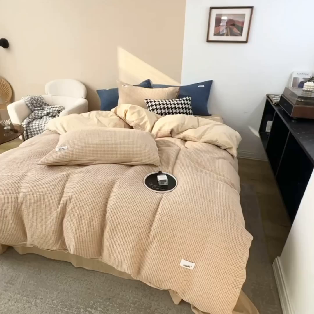 91家纺网 家纺一手货源 找家纺 贝尔 PELLHOME 小红书民宿全棉空气提花华夫格四件套纯棉水洗棉小众（可抖音代发） 杏仁班克