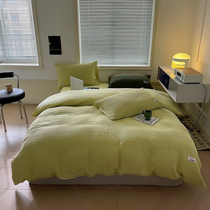 91家纺网 家纺一手货源 找家纺 贝尔 PELLHOME 小红书民宿全棉空气提花华夫格四件套纯棉水洗棉小众（可抖音代发） 青苹果绿