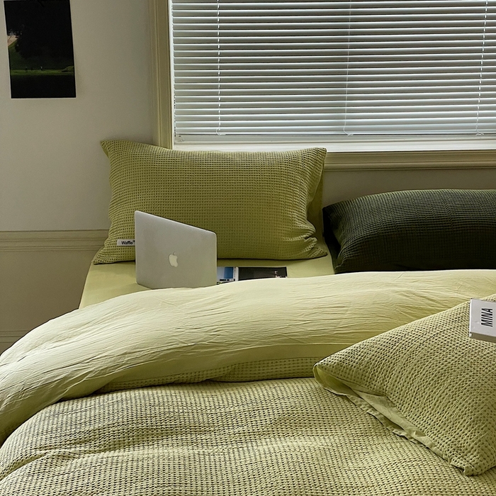 91家纺网 家纺一手货源 找家纺 贝尔 PELLHOME 小红书民宿全棉空气提花华夫格四件套纯棉水洗棉小众（可抖音代发） 青苹果绿