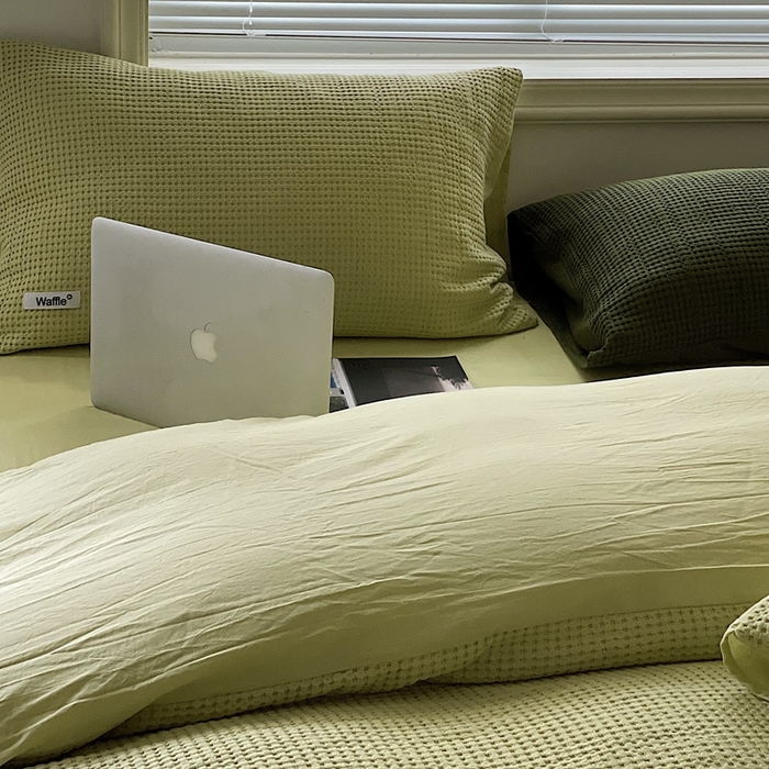 91家纺网 家纺一手货源 找家纺 贝尔 PELLHOME 小红书民宿全棉空气提花华夫格四件套纯棉水洗棉小众（可抖音代发） 青苹果绿