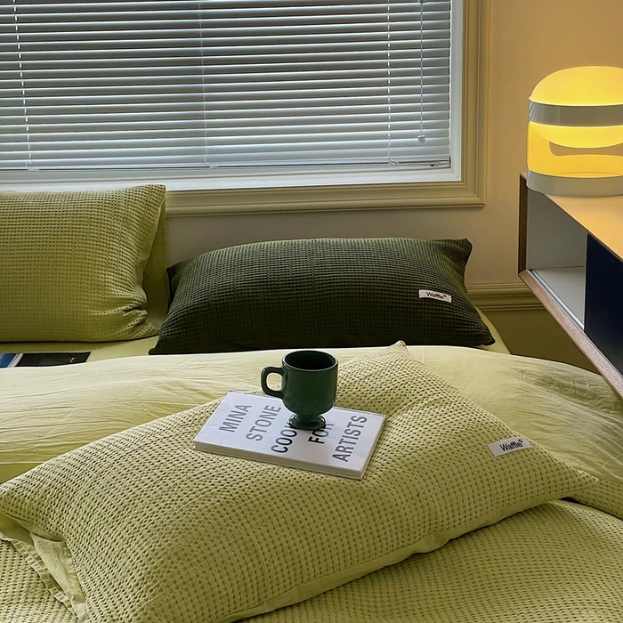 91家纺网 家纺一手货源 找家纺 贝尔 PELLHOME 小红书民宿全棉空气提花华夫格四件套纯棉水洗棉小众（可抖音代发） 青苹果绿