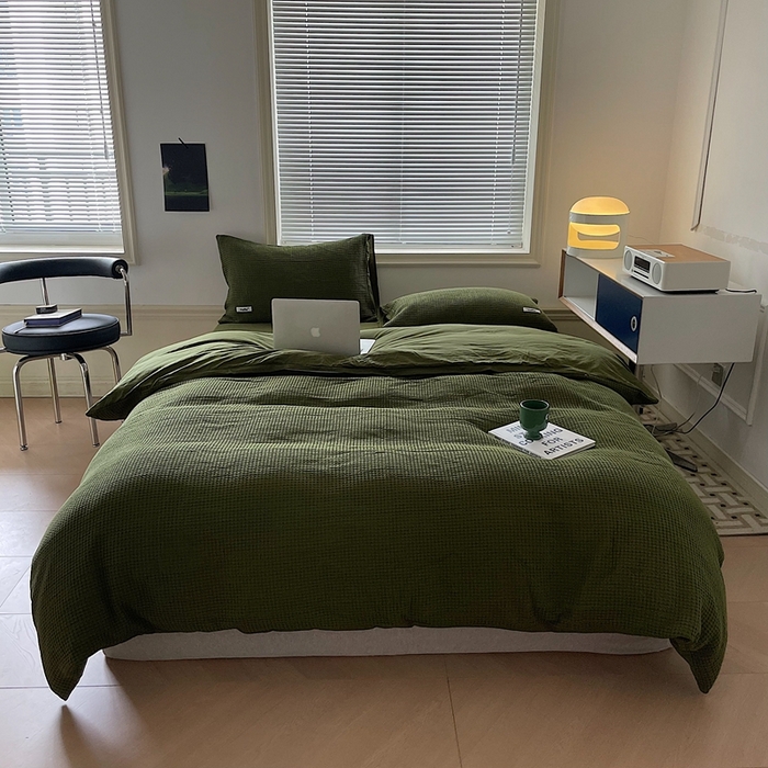 贝尔 PELLHOME 小红书民宿全棉空气提花华夫格四件套纯棉水洗棉小众（可抖音代发） 橄榄中绿
