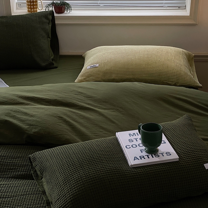 91家纺网 家纺一手货源 找家纺 贝尔 PELLHOME 小红书民宿全棉空气提花华夫格四件套纯棉水洗棉小众（可抖音代发） 橄榄中绿