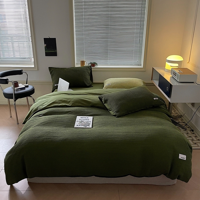 91家纺网 家纺一手货源 找家纺 贝尔 PELLHOME 小红书民宿全棉空气提花华夫格四件套纯棉水洗棉小众（可抖音代发） 橄榄中绿