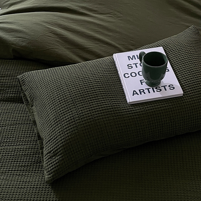 91家纺网 家纺一手货源 找家纺 贝尔 PELLHOME 小红书民宿全棉空气提花华夫格四件套纯棉水洗棉小众（可抖音代发） 橄榄中绿