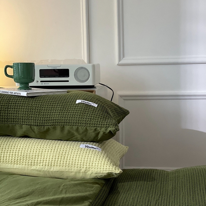 91家纺网 家纺一手货源 找家纺 贝尔 PELLHOME 小红书民宿全棉空气提花华夫格四件套纯棉水洗棉小众（可抖音代发） 橄榄中绿