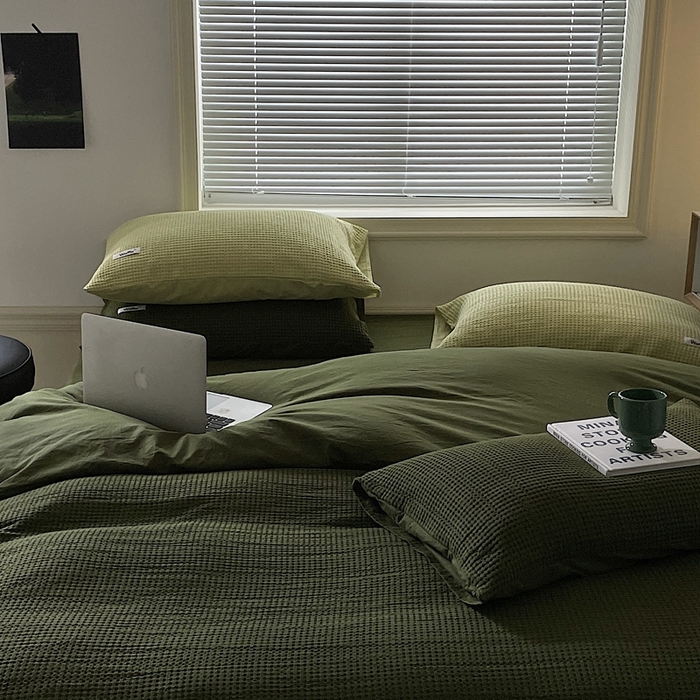 91家纺网 家纺一手货源 找家纺 贝尔 PELLHOME 小红书民宿全棉空气提花华夫格四件套纯棉水洗棉小众（可抖音代发） 橄榄中绿