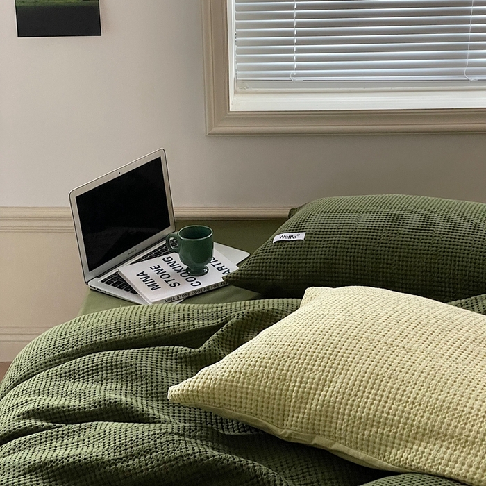 91家纺网 家纺一手货源 找家纺 贝尔 PELLHOME 小红书民宿全棉空气提花华夫格四件套纯棉水洗棉小众（可抖音代发） 橄榄中绿