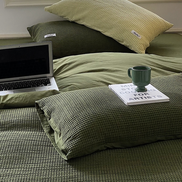 91家纺网 家纺一手货源 找家纺 贝尔 PELLHOME 小红书民宿全棉空气提花华夫格四件套纯棉水洗棉小众（可抖音代发） 橄榄中绿